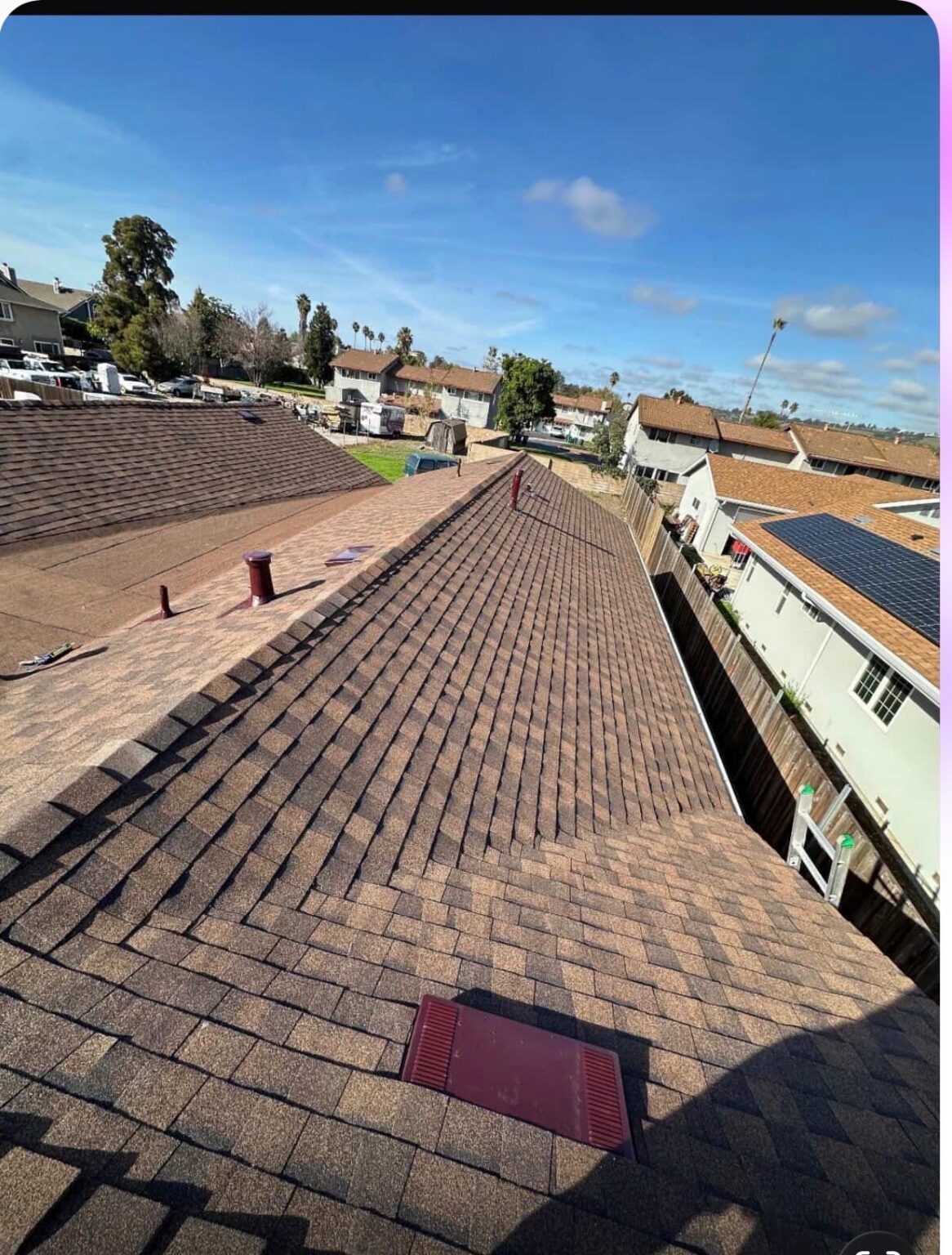 Aerial view of completed architectural shingle re-roof by LAAC Roofing Bay Area