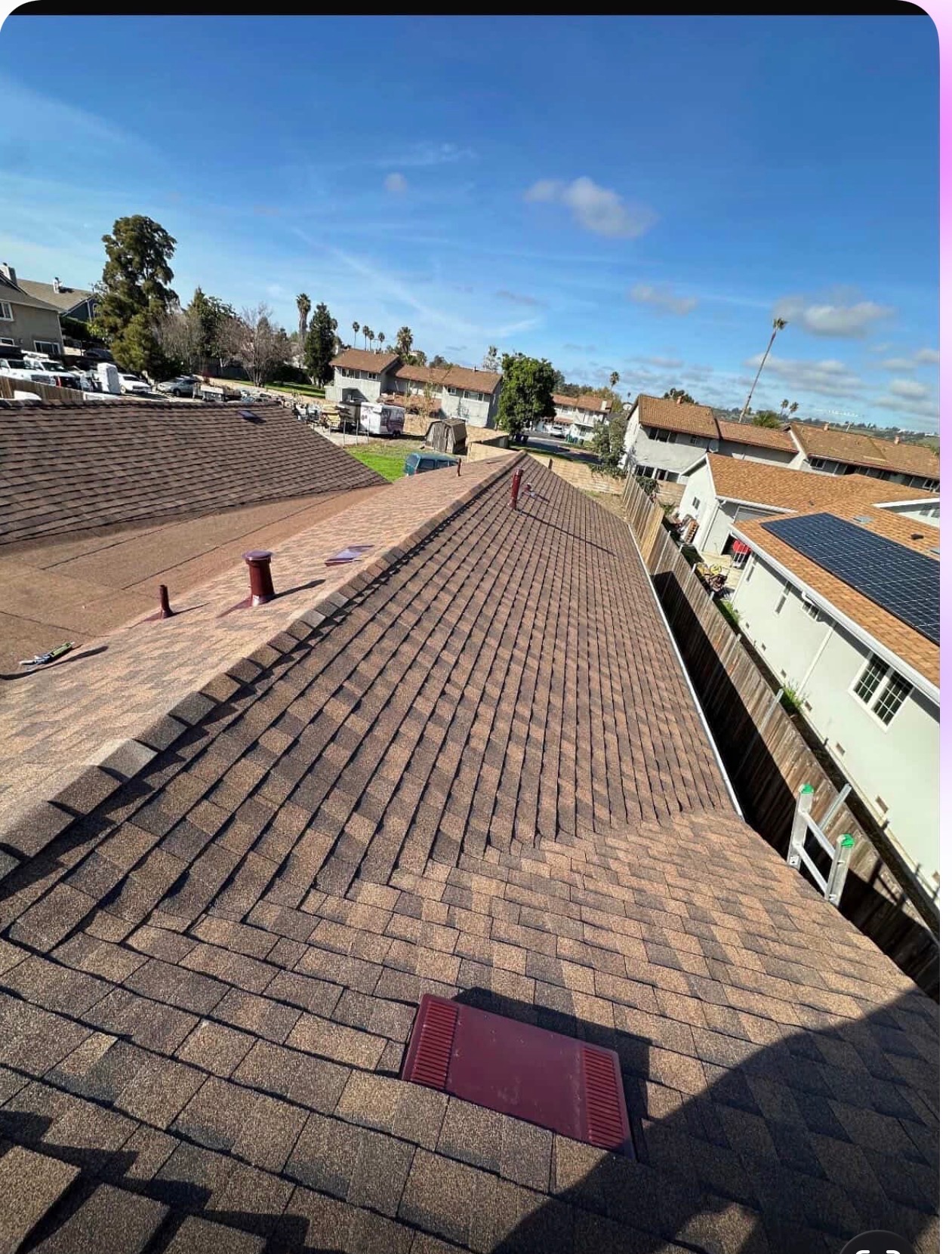 Aerial view of completed architectural shingle re-roof by LAAC Roofing Bay Area